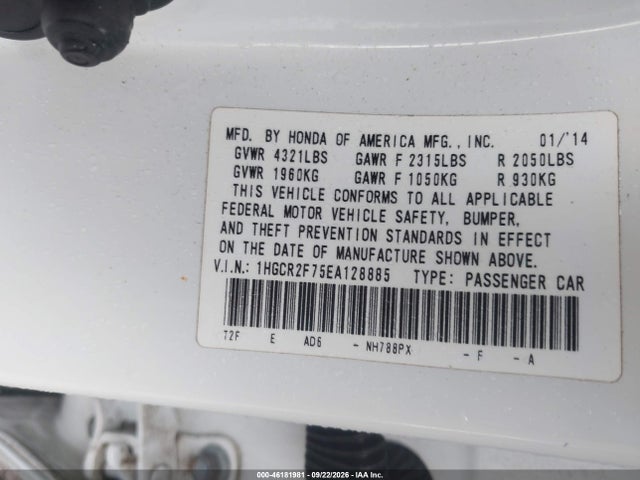 Продажа на аукционе авто 2014 Honda Accord Ex, vin: 1HGCR2F75EA128885, номер лота: 46181981