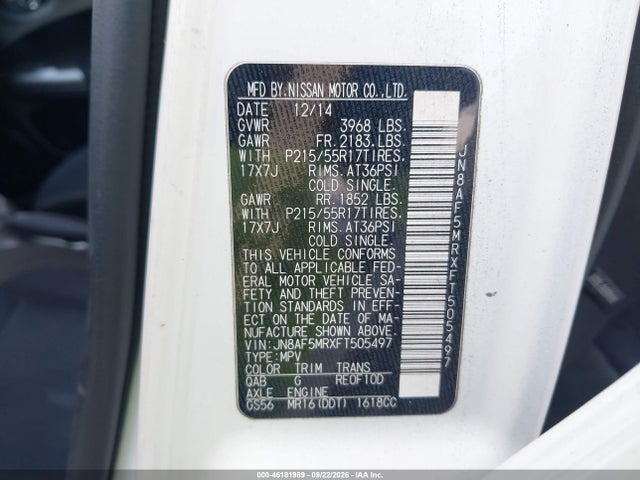 46181989 :رقم المزاد ، JN8AF5MRXFT505497 vin ، 2015 Nissan Juke Sv مزاد بيع