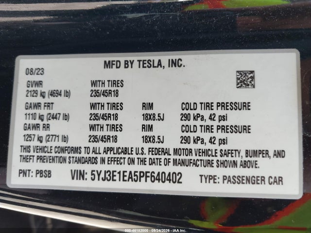 46182000 :رقم المزاد ، 5YJ3E1EA5PF640402 vin ، 2023 Tesla Model 3 Rear-wheel Drive مزاد بيع