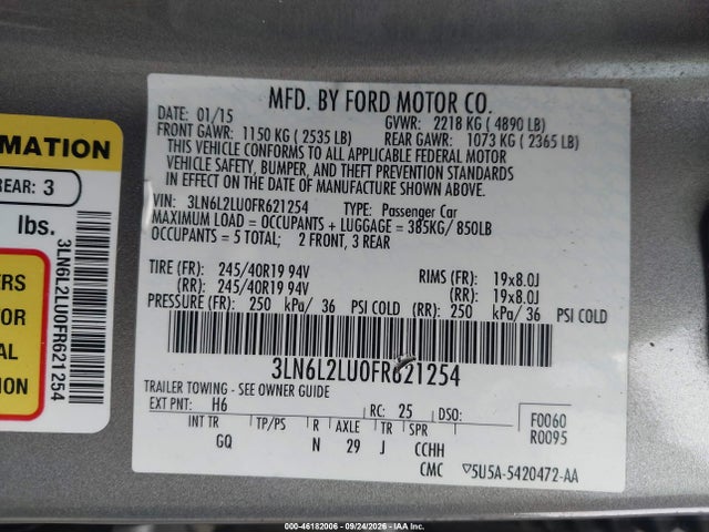 46182006 :رقم المزاد ، 3LN6L2LU0FR621254 vin ، 2015 Lincoln Mkz Hybrid مزاد بيع