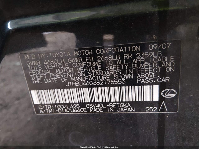 2008 Lexus Es 350 მანქანა იყიდება აუქციონზე, vin: JTHBJ46G382175553, აუქციონის ნომერი: 46182009