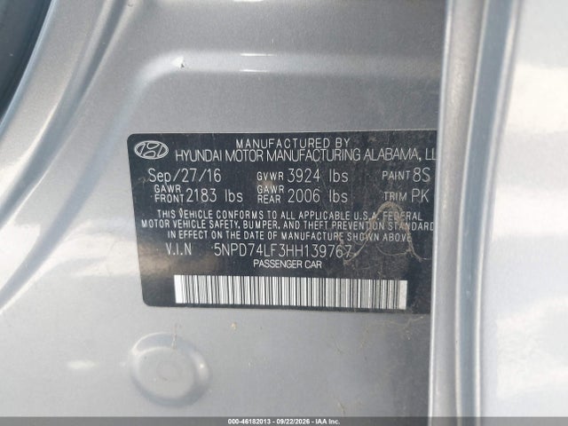 Aukcja sprzedaży 2017 Hyundai Elantra Se, vin: 5NPD74LF3HH139767, numer aukcji: 46182013