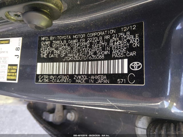 Aukcja sprzedaży 2013 Toyota Prius Two, vin: JTDKN3DU1D1635088, numer aukcji: 46182016