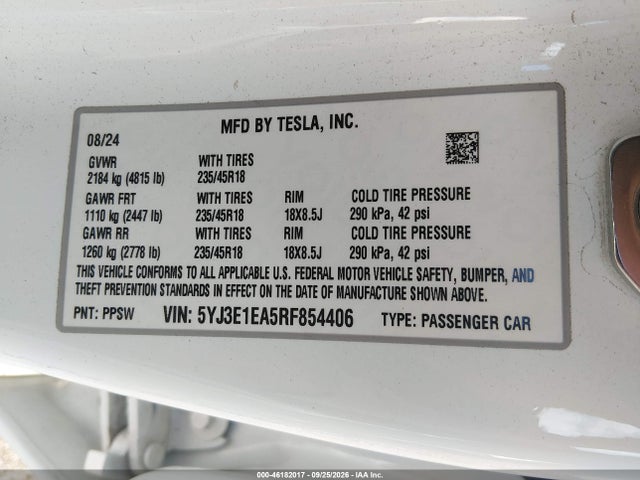 2024 Tesla Model 3 მანქანა იყიდება აუქციონზე, vin: 5YJ3E1EA5RF854406, აუქციონის ნომერი: 46182017