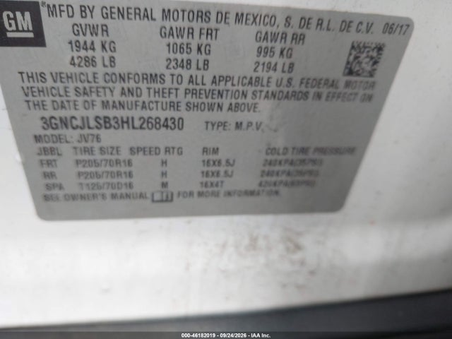 Продажа на аукционе авто 2017 Chevrolet Trax Lt, vin: 3GNCJLSB3HL268430, номер лота: 46182019