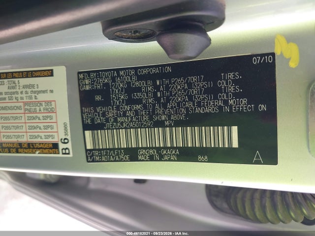 46182021 :رقم المزاد ، JTEZU5JR2A5012592 vin ، 2010 Toyota 4runner Sr5 V6 مزاد بيع
