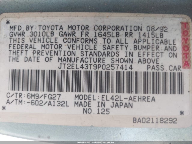 46182022 :رقم المزاد ، JT2EL43T9P0257414 vin ، 1993 Toyota Tercel Dx مزاد بيع