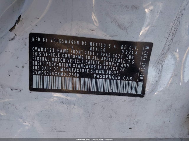 2019 Volkswagen Jetta 1.4t Sel Premium მანქანა იყიდება აუქციონზე, vin: 3VWG57BUXKM002568, აუქციონის ნომერი: 46182030