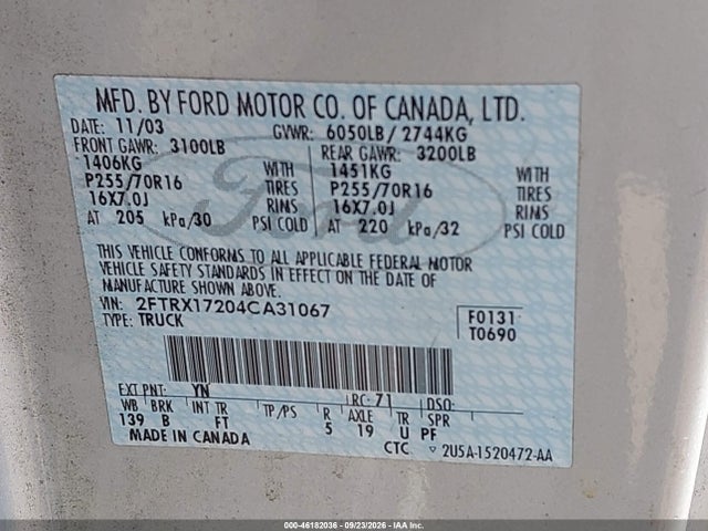 46182036 :رقم المزاد ، 2FTRX17204CA31067 vin ، 2004 Ford F-150 Heritage Xl/xlt مزاد بيع