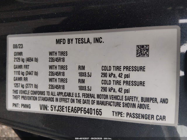 46182037 :رقم المزاد ، 5YJ3E1EA6PF640165 vin ، 2023 Tesla Model 3 Rear-wheel Drive مزاد بيع