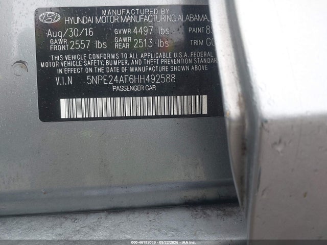 2017 Hyundai Sonata Se მანქანა იყიდება აუქციონზე, vin: 5NPE24AF6HH492588, აუქციონის ნომერი: 46182039