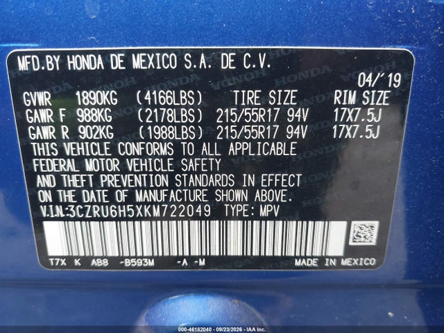 46182040 :رقم المزاد ، 3CZRU6H5XKM722049 vin ، 2019 Honda Hr-v Ex مزاد بيع