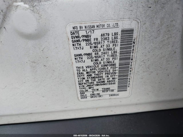 Aukcja sprzedaży 2017 Nissan Rogue S, vin: JN8AT2MV8HW015646, numer aukcji: 46182056