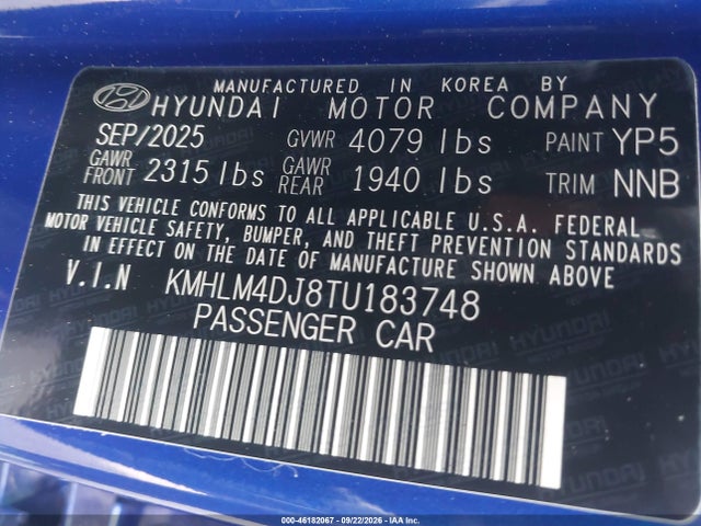Продажа на аукционе авто 2026 Hyundai Elantra Hybrid Sel Sport, vin: KMHLM4DJ8TU183748, номер лота: 46182067