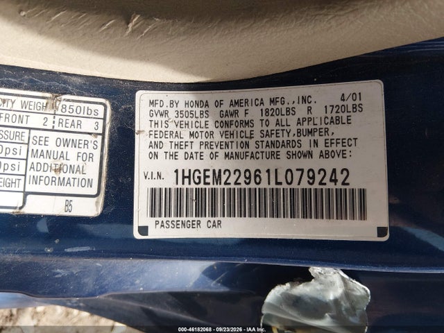 46182068 :رقم المزاد ، 1HGEM22961L079242 vin ، 2001 Honda Civic Ex مزاد بيع