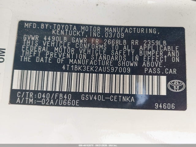 46182070 :رقم المزاد ، 4T1BK3EK2AU597009 vin ، 2010 Toyota Camry Le V6 مزاد بيع