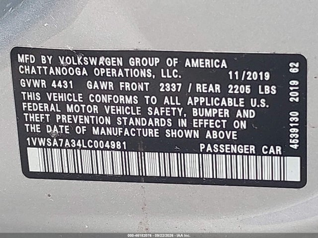 46182076 :رقم المزاد ، 1VWSA7A34LC004981 vin ، 2020 Volkswagen Passat 2.0t Se مزاد بيع