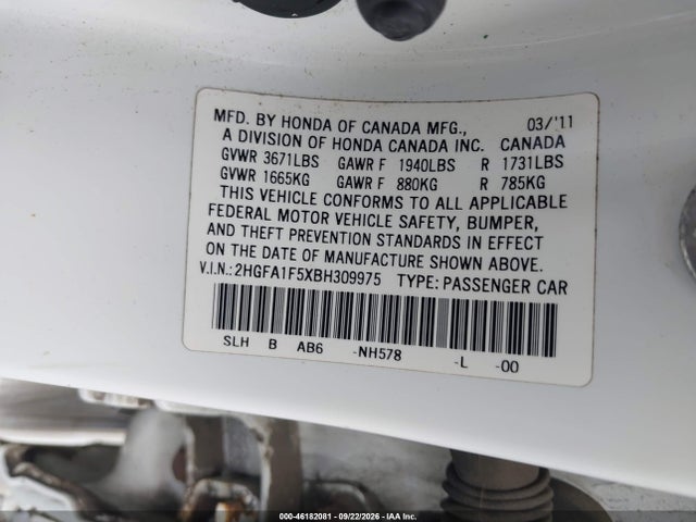 2011 Honda Civic Lx მანქანა იყიდება აუქციონზე, vin: 2HGFA1F5XBH309975, აუქციონის ნომერი: 46182081