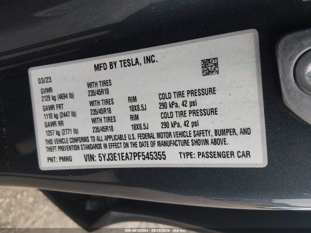 Aukcja sprzedaży 2023 Tesla Model 3 Rear-wheel Drive, vin: 5YJ3E1EA7PF545355, numer aukcji: 46182084