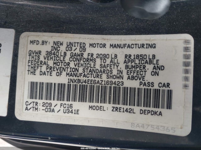 46182094 :رقم المزاد ، 1NXBU4EE6AZ169423 vin ، 2010 Toyota Corolla Le مزاد بيع