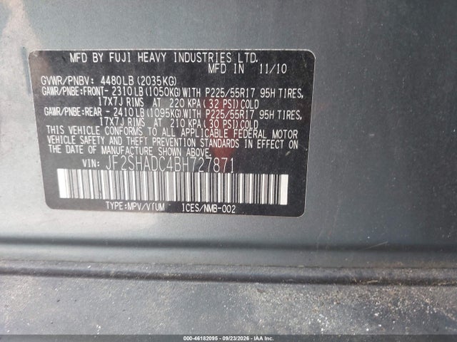 2011 Subaru Forester 2.5x Premium მანქანა იყიდება აუქციონზე, vin: JF2SHADC4BH727871, აუქციონის ნომერი: 46182095
