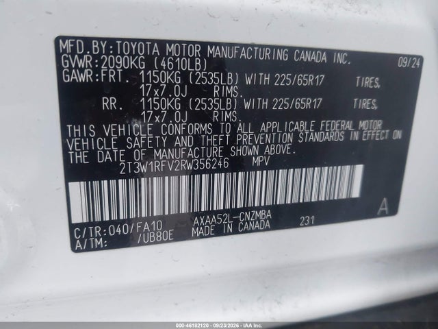 2024 Toyota Rav4 Xle მანქანა იყიდება აუქციონზე, vin: 2T3W1RFV2RW356246, აუქციონის ნომერი: 46182120