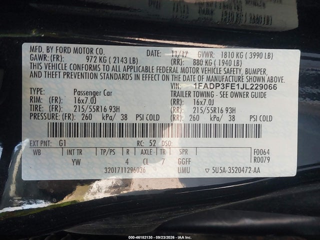 2018 Ford Focus Se მანქანა იყიდება აუქციონზე, vin: 1FADP3FE1JL229066, აუქციონის ნომერი: 46182130