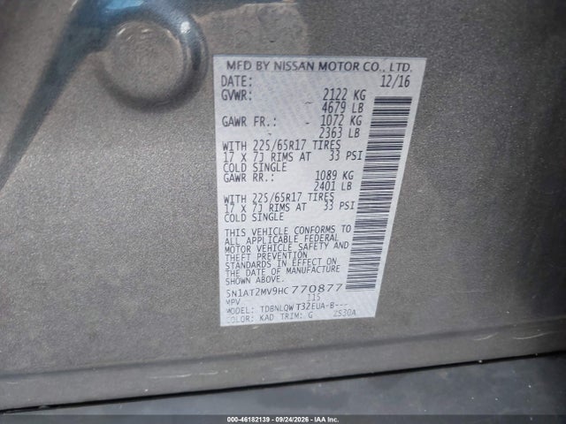 2017 Nissan Rogue Sv მანქანა იყიდება აუქციონზე, vin: 5N1AT2MV9HC770877, აუქციონის ნომერი: 46182139