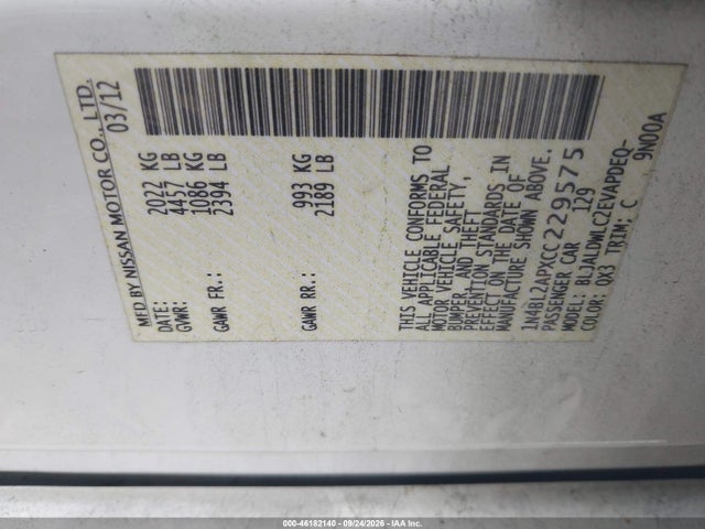 46182140 :رقم المزاد ، 1N4BL2APXCC229575 vin ، 2012 Nissan Altima 3.5 Sr مزاد بيع