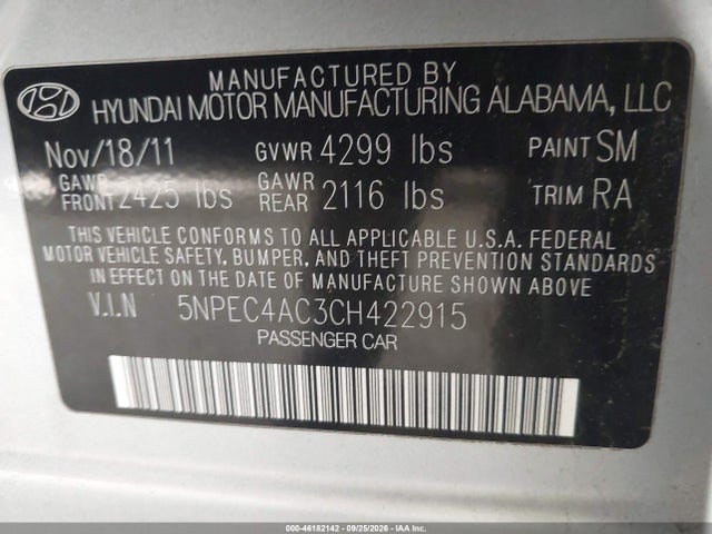 Aukcja sprzedaży 2012 Hyundai Sonata Limited, vin: 5NPEC4AC3CH422915, numer aukcji: 46182142