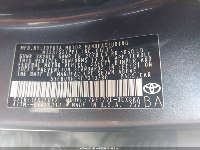 Продажа на аукционе авто 2015 Toyota Corolla S Plus, vin: 5YFBURHE4FP313780, номер лота: 46182146