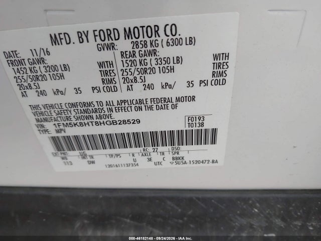 2017 Ford Explorer Platinum მანქანა იყიდება აუქციონზე, vin: 1FM5K8HT8HGB28529, აუქციონის ნომერი: 46182148