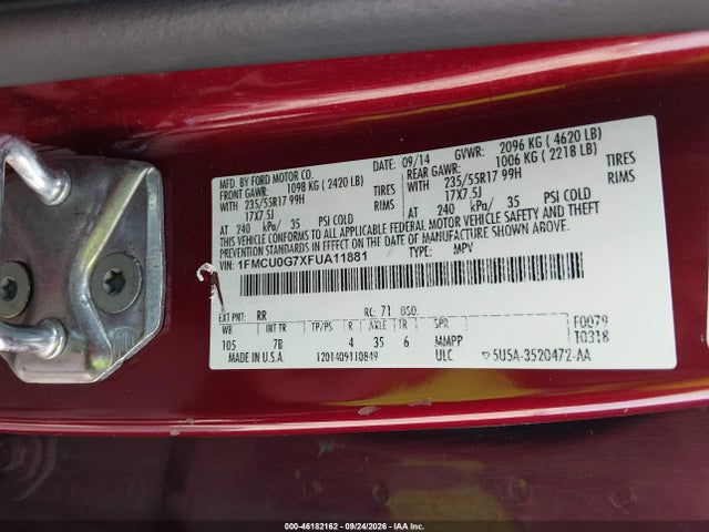 46182162 :رقم المزاد ، 1FMCU0G7XFUA11881 vin ، 2015 Ford Escape Se مزاد بيع