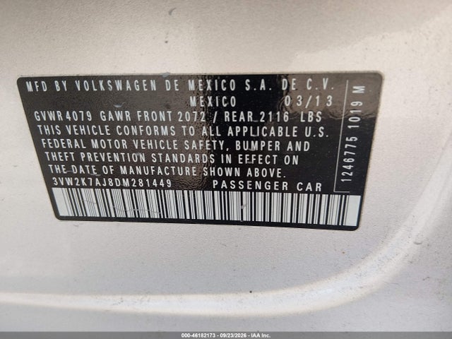 2013 Volkswagen Jetta 2.0l S მანქანა იყიდება აუქციონზე, vin: 3VW2K7AJ8DM281449, აუქციონის ნომერი: 46182173