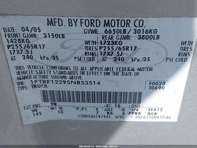 Продаж на аукціоні авто 2005 Ford F-150 Stx/xl/xlt, vin: 1FTRF12295NB53514, номер лоту: 46182175