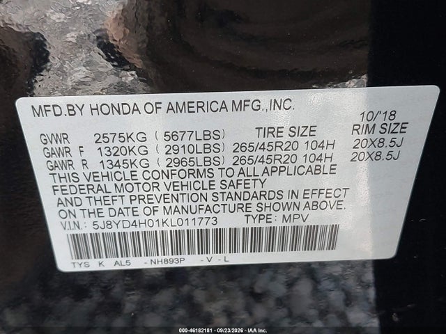 Продаж на аукціоні авто 2019 Acura Mdx Tech   A-spec Pkgs, vin: 5J8YD4H01KL011773, номер лоту: 46182181