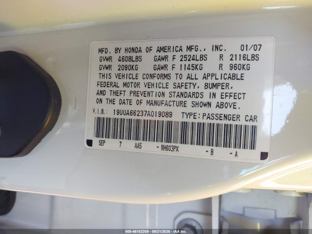 46182209 :رقم المزاد ، 19UUA66237A019089 vin ، 2007 Acura Tl 3.2 مزاد بيع