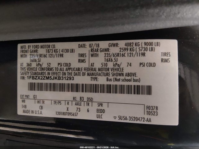 Продажа на аукционе авто 2018 Ford Transit-350 Xl, vin: 1FBZX2ZM5JKB31293, номер лота: 46182221