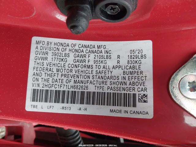 Продажа на аукционе авто 2020 Honda Civic Ex-l, vin: 2HGFC1F71LH682626, номер лота: 46182229