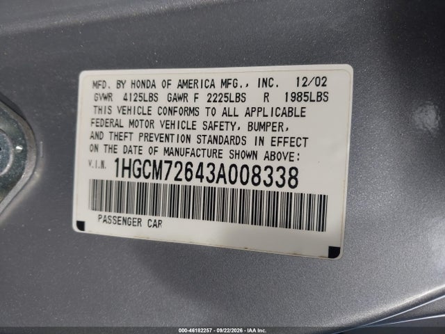 46182257 :رقم المزاد ، 1HGCM72643A008338 vin ، 2003 Honda Accord 2.4 Ex مزاد بيع