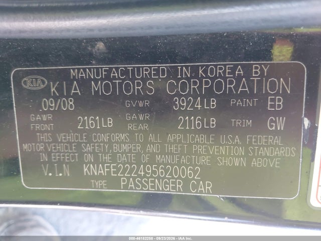 Aukcja sprzedaży 2009 Kia Spectra Lx, vin: KNAFE222495620062, numer aukcji: 46182258