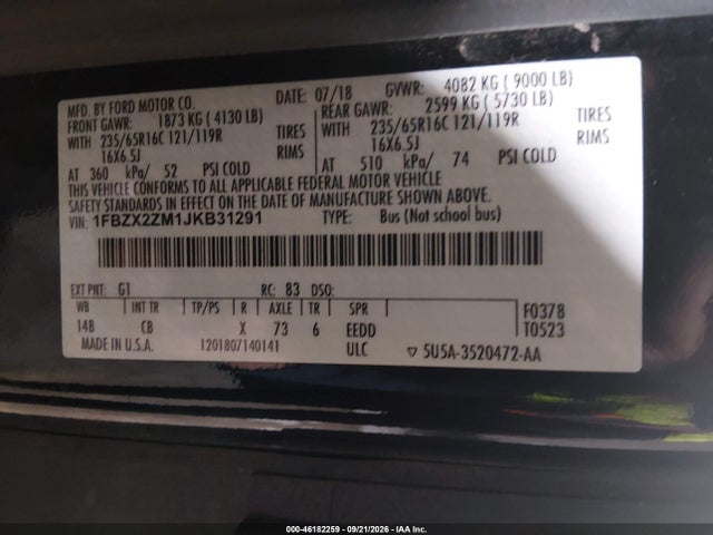 46182259 :رقم المزاد ، 1FBZX2ZM1JKB31291 vin ، 2018 Ford Transit-350 Xl مزاد بيع