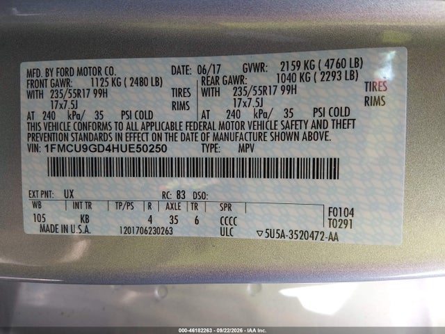 46182263 :رقم المزاد ، 1FMCU9GD4HUE50250 vin ، 2017 Ford Escape Se مزاد بيع