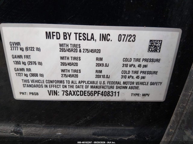 Продажа на аукционе авто 2023 Tesla Model X, vin: 7SAXCDE56PF408311, номер лота: 46182267