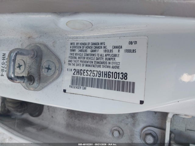 46182281 :رقم المزاد ، 2HGES25791H610138 vin ، 2001 Honda Civic Ex مزاد بيع