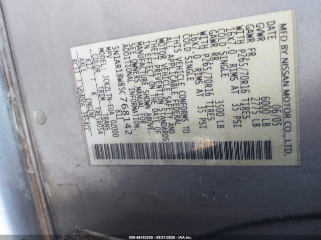 Продаж на аукціоні авто 2005 Nissan Pathfinder Se, vin: 5N1AR18W85C768142, номер лоту: 46182285