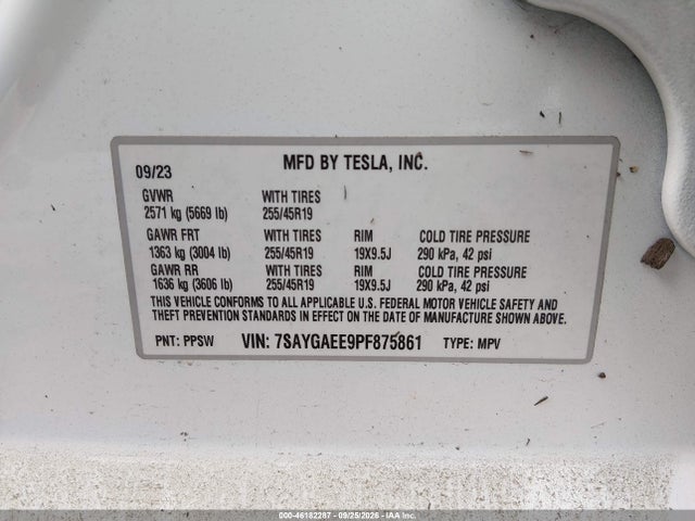 46182287 :رقم المزاد ، 7SAYGAEE9PF875861 vin ، 2023 Tesla Model Y Awd/long Range Dual Motor All-wheel Drive مزاد بيع