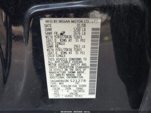 46182293 :رقم المزاد ، 5N1AN08U38C521278 vin ، 2008 Nissan Xterra X مزاد بيع