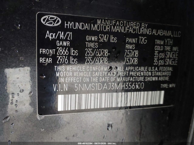 46182294 :رقم المزاد ، 5NMS1DAJ3MH356100 vin ، 2021 Hyundai Santa Fe Se مزاد بيع