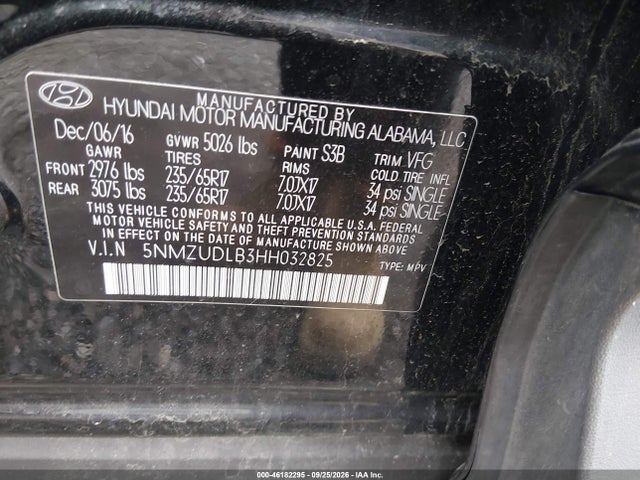 46182295 :رقم المزاد ، 5NMZUDLB3HH032825 vin ، 2017 Hyundai Santa Fe Sport 2.4l مزاد بيع